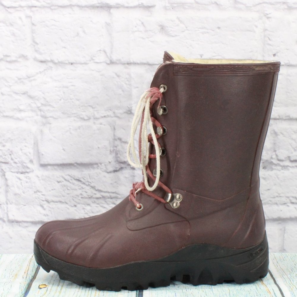 *Hunter Maroon Vibram Sole Shearling Insulated Rubber Rain Boots Size 10 Inches - Picture 1 of 9